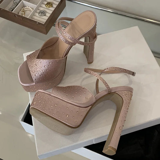 2025 Sexy Design Platform Crystal Supe High Heels Women Sandals Fashion Peep Toe Buckle Strap Party Nightclub Pumps Shoes
