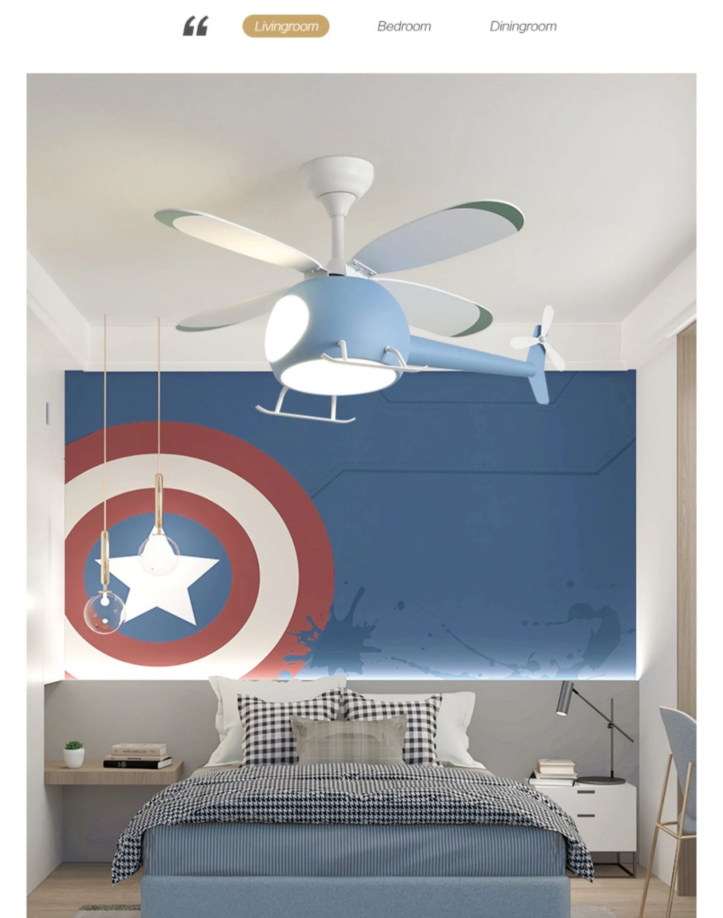 Helicopter LED Ceiling Fan Light – Fun Kids’ Room Chandelier with Remote