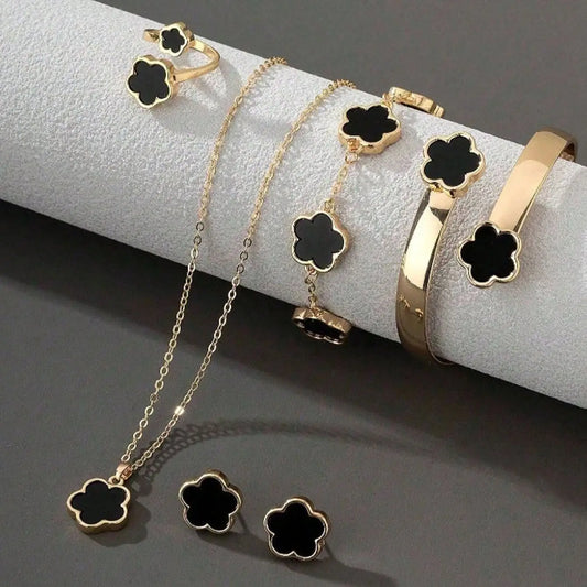 6PCS Women's Jewelry Set, Fashion Casual Flower Necklace Bracelet Earrings Ring Set, Suitable for Daily Wear and Perfect as Gift