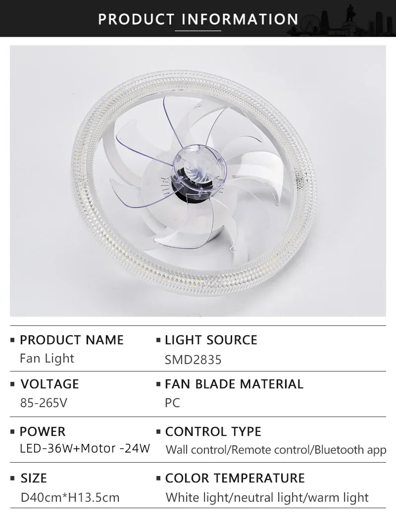 Smart LED Ceiling Fan – 6-Speed, App & Remote Control for Living Room & Bedroom