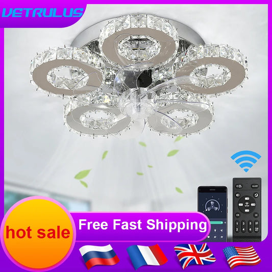 Luxury Crystal Ceiling Fan – Smart App & Remote Control LED Chandelier