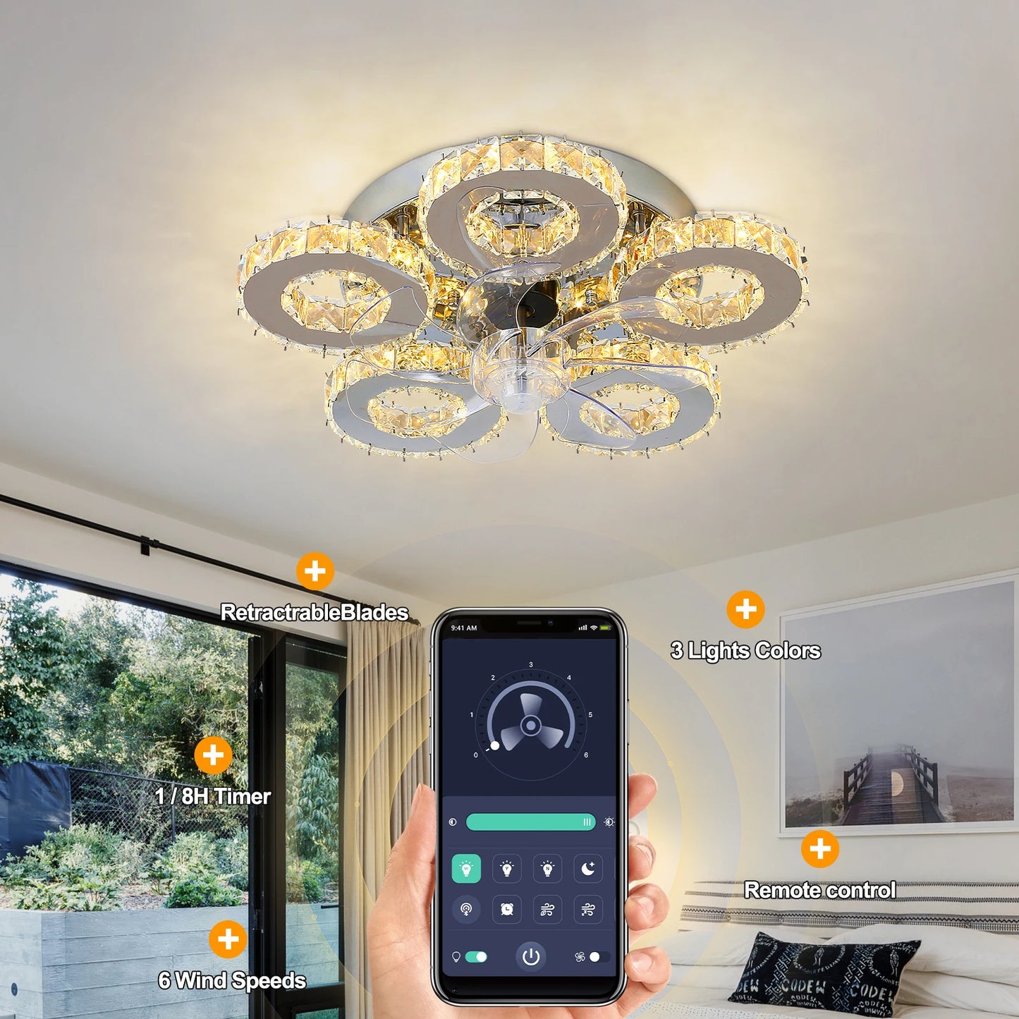 Luxury Crystal Ceiling Fan – Smart App & Remote Control LED Chandelier