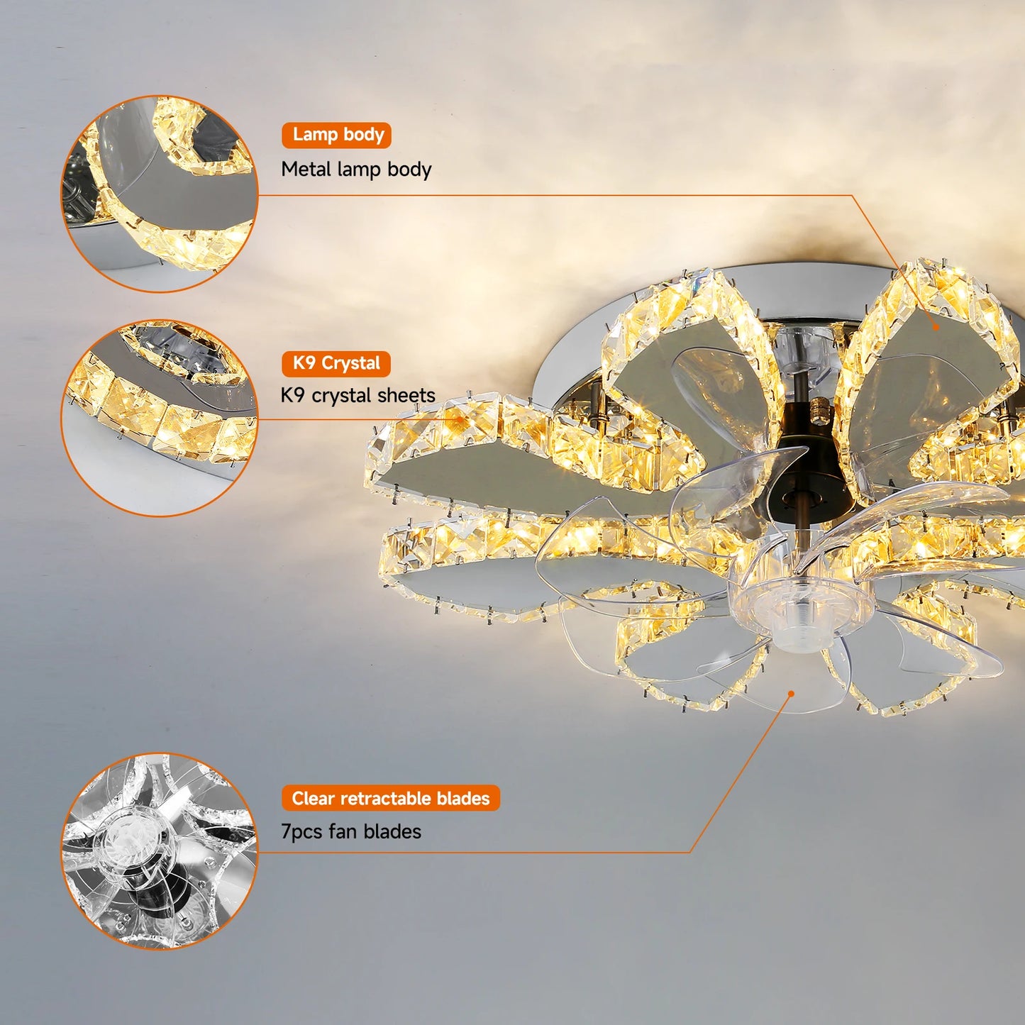 Luxury Crystal Ceiling Fan – Smart App & Remote Control LED Chandelier