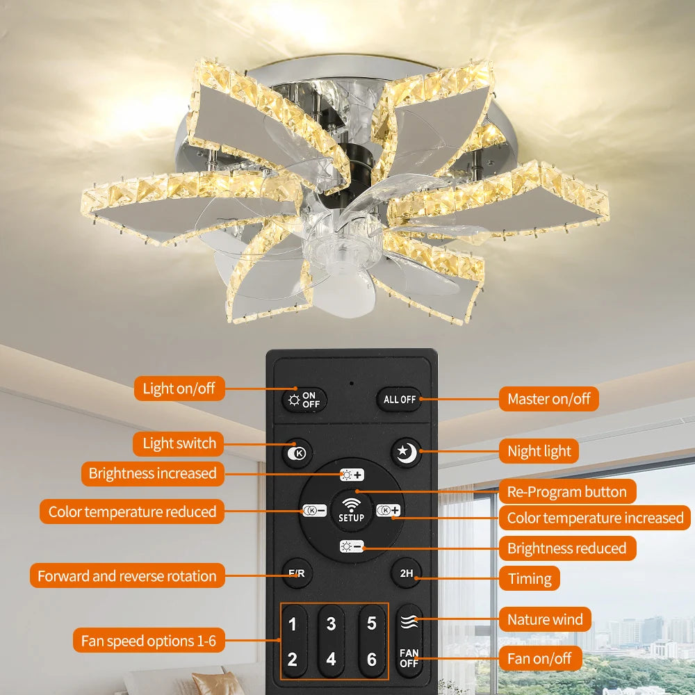 Luxury Crystal Ceiling Fan – Smart App & Remote Control LED Chandelier