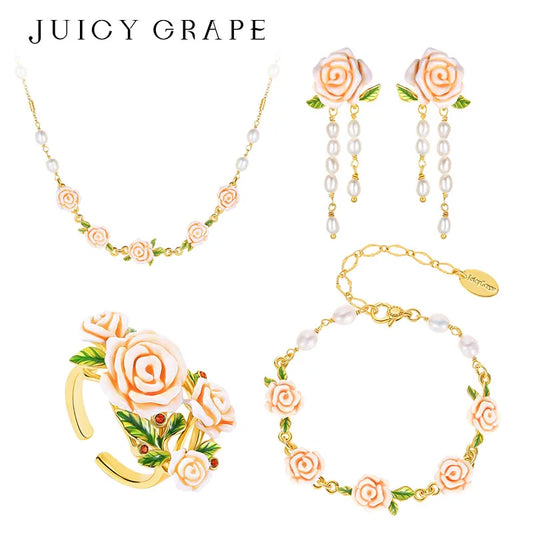 Elegant Enamel Rose Pearl Jewelry Set for Women Adjustable Ring Earrings Bracelet Necklace Fashionable Accessory Gift