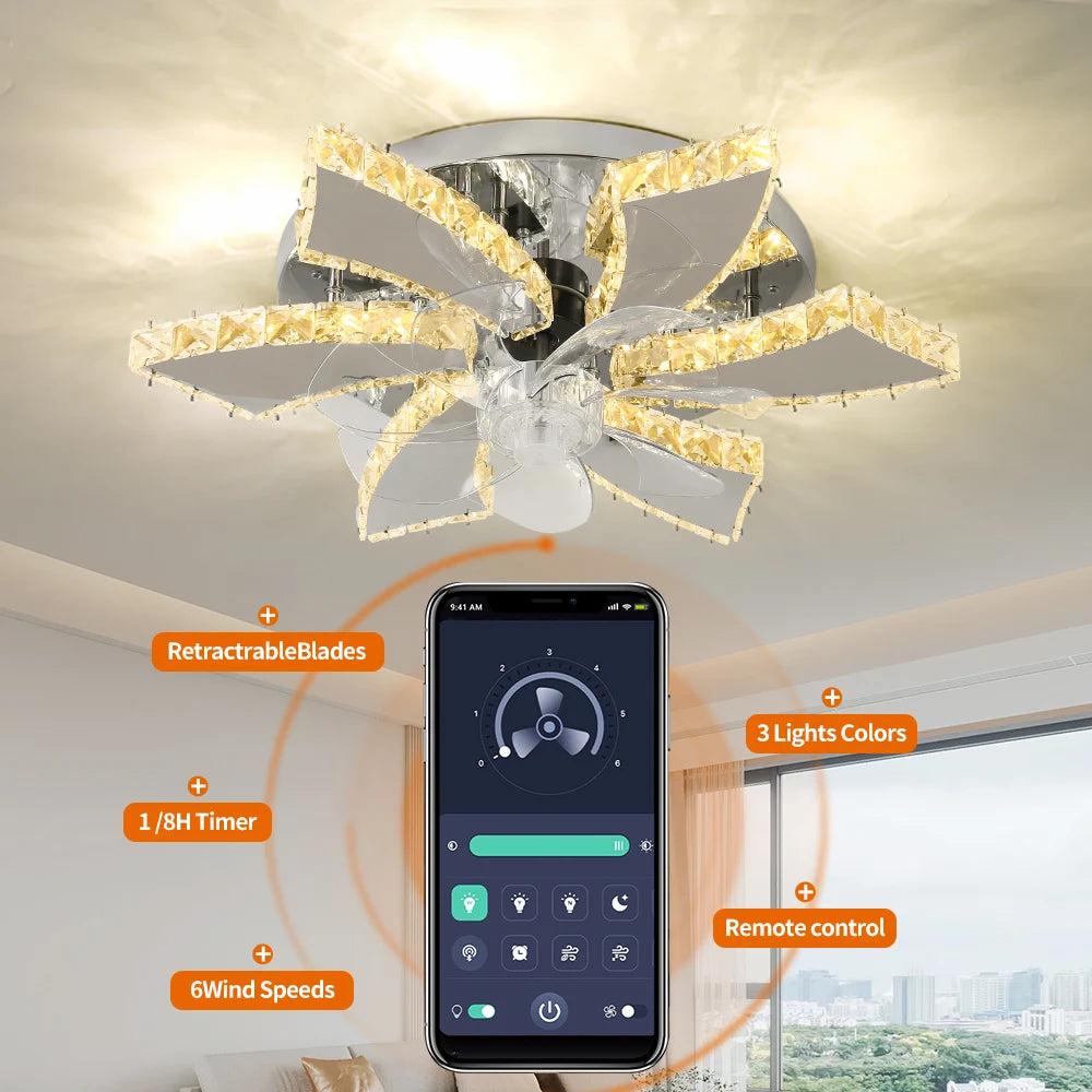 Luxury Crystal Ceiling Fan – Smart App & Remote Control LED Chandelier