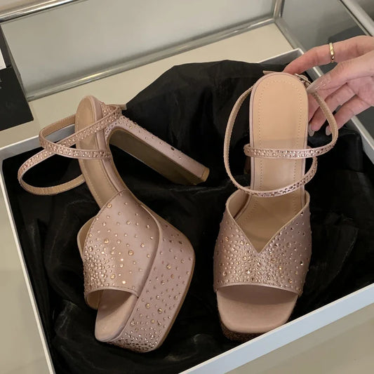 2025 Sexy Design Platform Crystal Supe High Heels Women Sandals Fashion Peep Toe Buckle Strap Party Nightclub Pumps Shoes