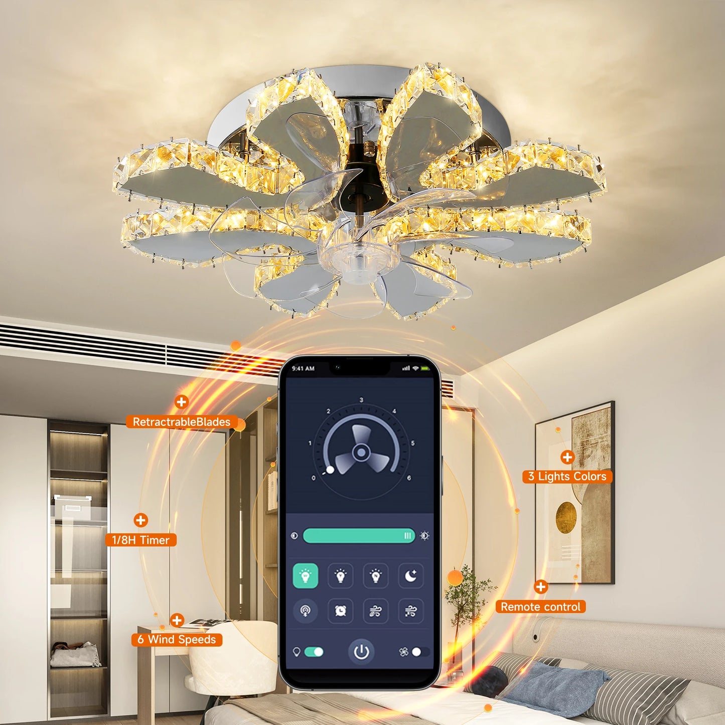Luxury Crystal Ceiling Fan – Smart App & Remote Control LED Chandelier
