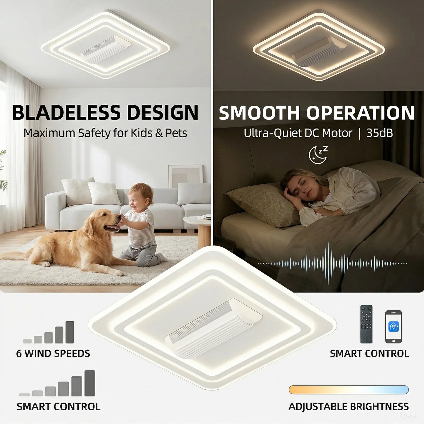 Bladeless LED Ceiling Fan – Smart Remote Control, Invisible Design for Bedroom & Living Room