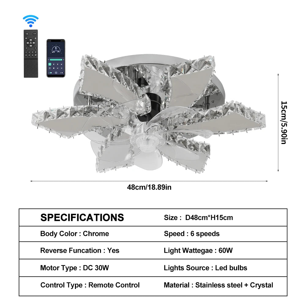 Luxury Crystal Ceiling Fan – Smart App & Remote Control LED Chandelier