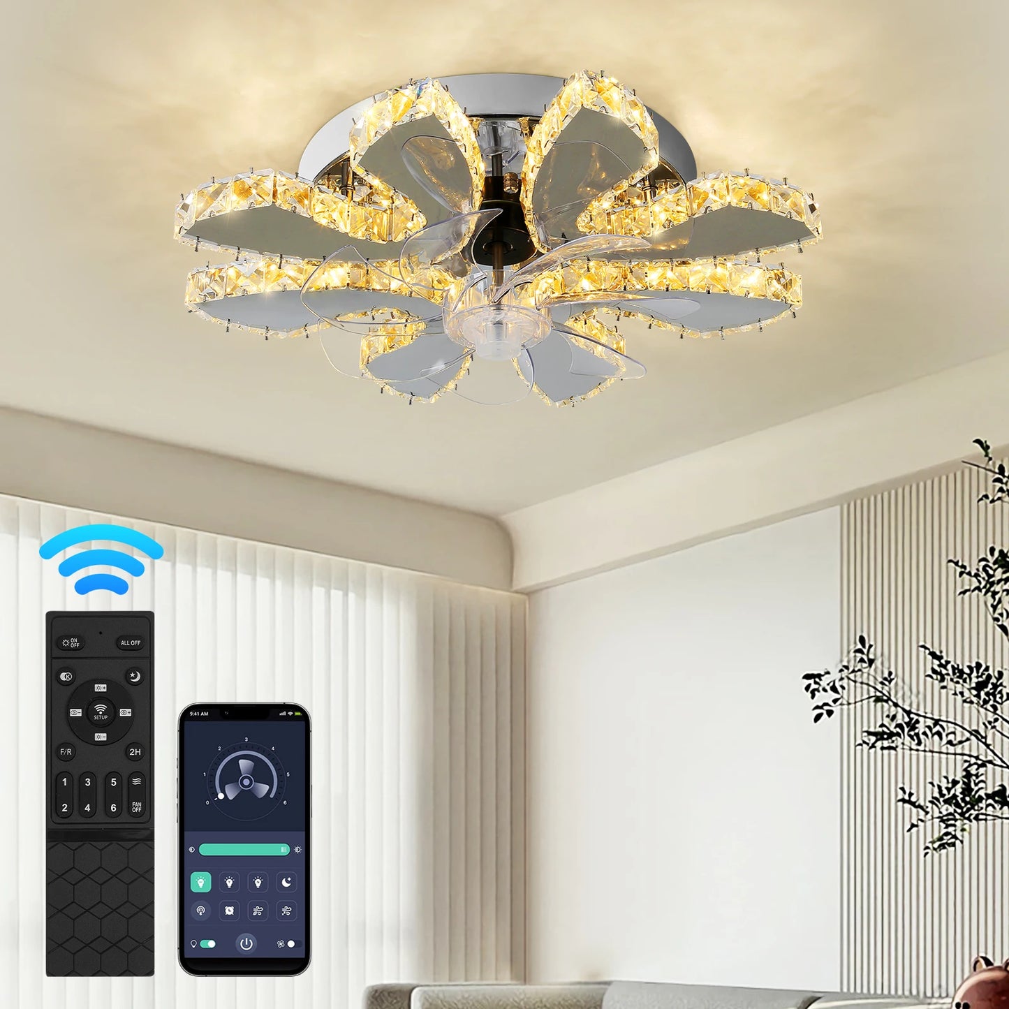 Luxury Crystal Ceiling Fan – Smart App & Remote Control LED Chandelier
